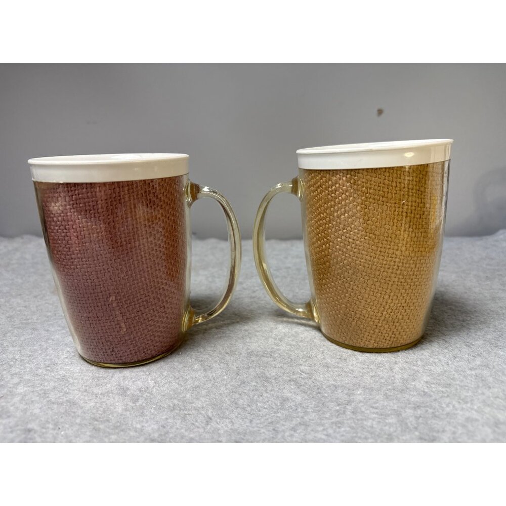 1950s Raffia Burlap Plastic Mugs with Clear Handles - Set of 2 Retro Vintage Dri